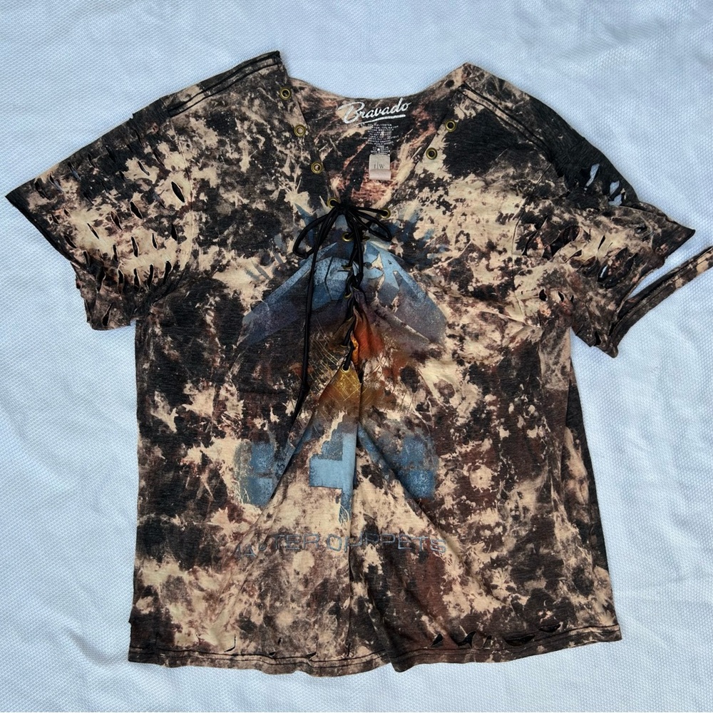 Bravado Metallica Band Shirt Womens Large Ripped Distressed Short Sleeve Lace Up